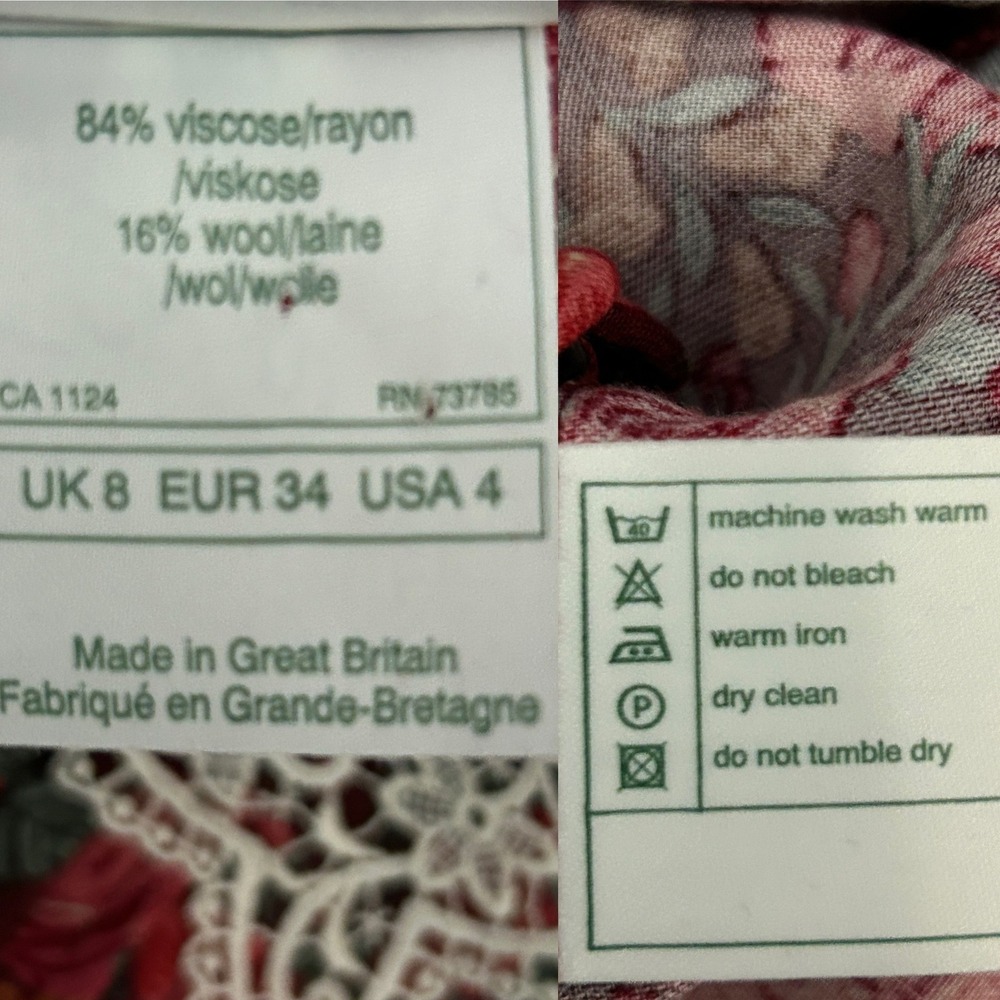 Laura Ashley Vintage Floral Lace Collar Midi Dress Red Wool Blend Sie 4 - Picture 11 of 11